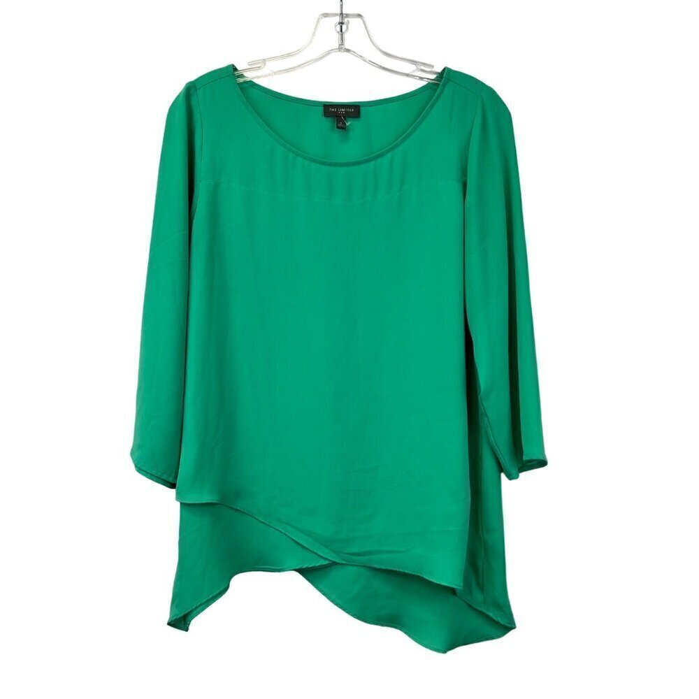 The Limited Women Round Neck 3/4 Sleeve Blouse Asymmetrical Hem Green Small